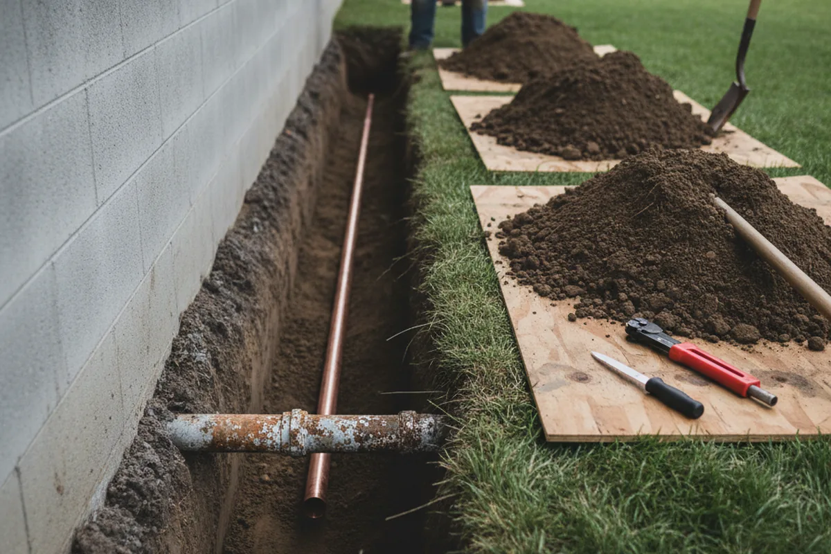 Excavated water line trench during Water Softener Installation in Lillian